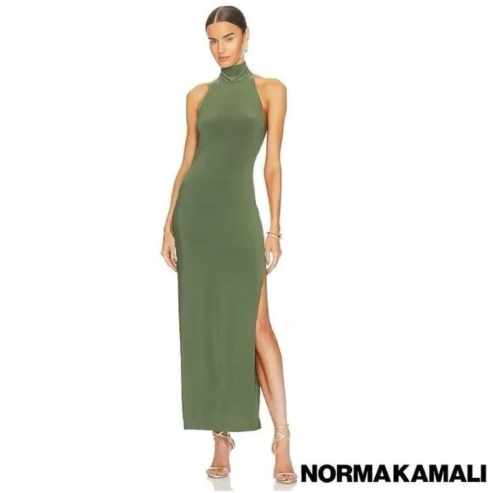 Norma Kamali Olive Green High-Neck Slit Maxi Dress